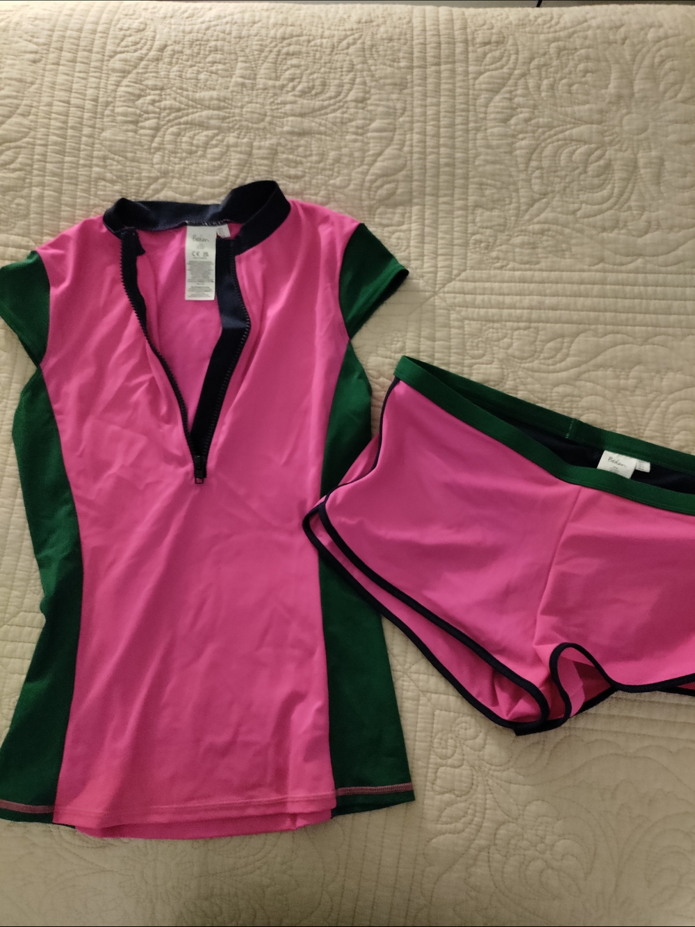 Boden Swim Pink & Green Short Sleeve Rash Guard Set